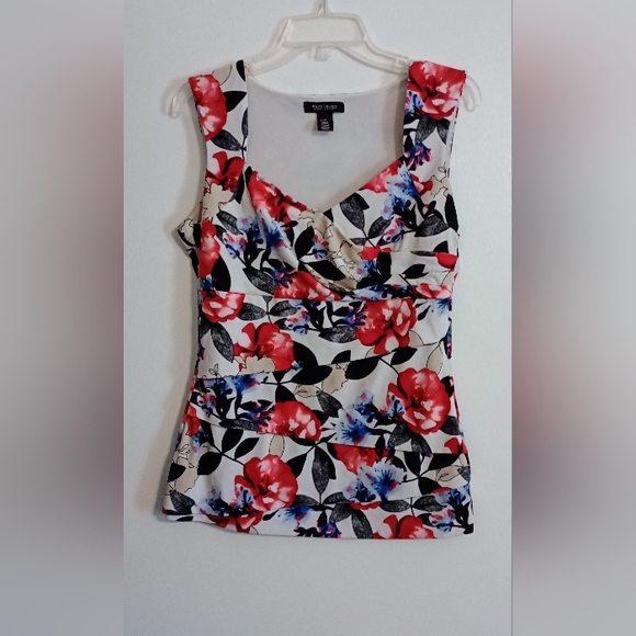 White | Black Sleeveless Floral Tiered Shell Top | Size M - Picture 4 of 5